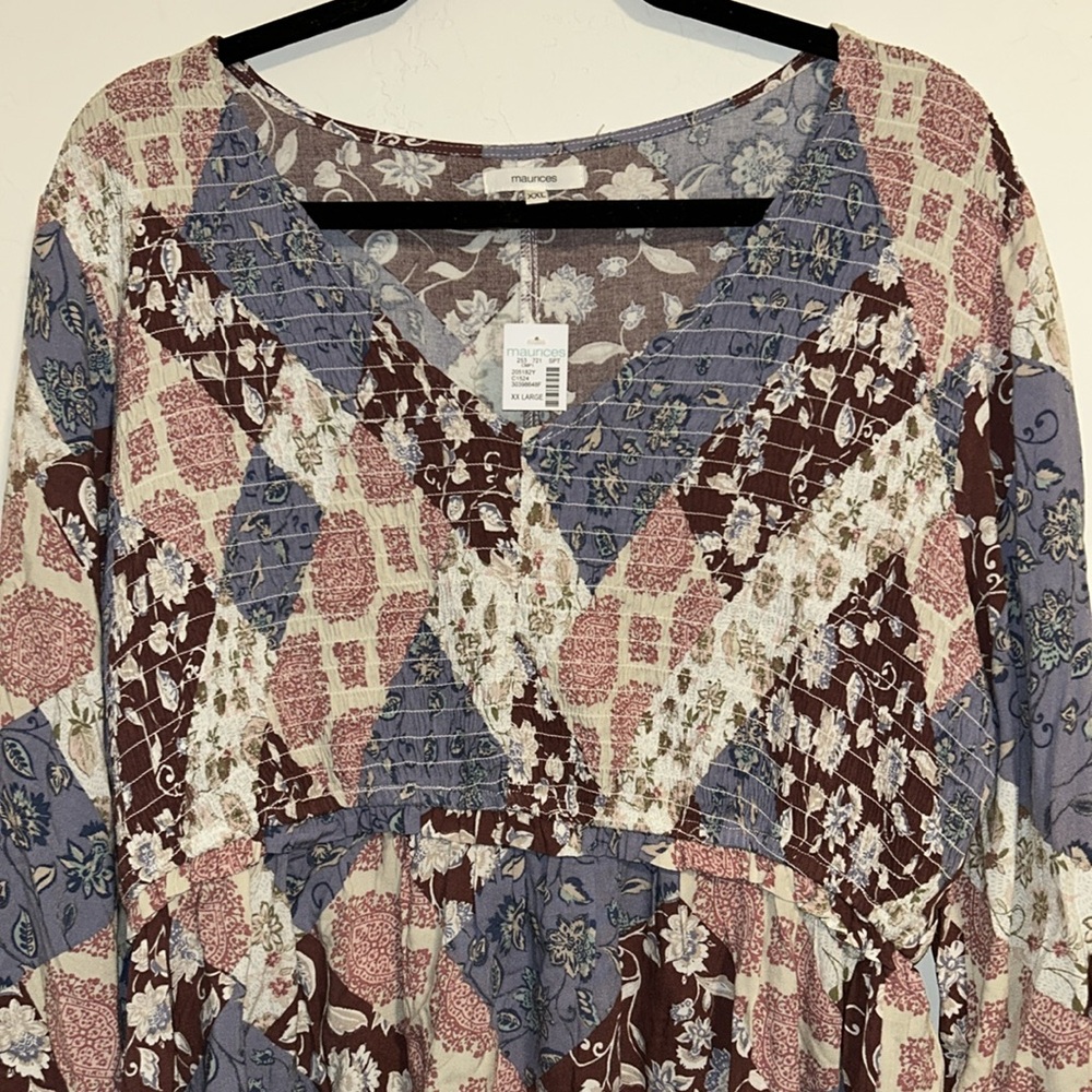 Maurices XXL Peplum Rayon Empire Waist Boho Patchwork V Neck Blouse Boho Style - Picture 6 of 16